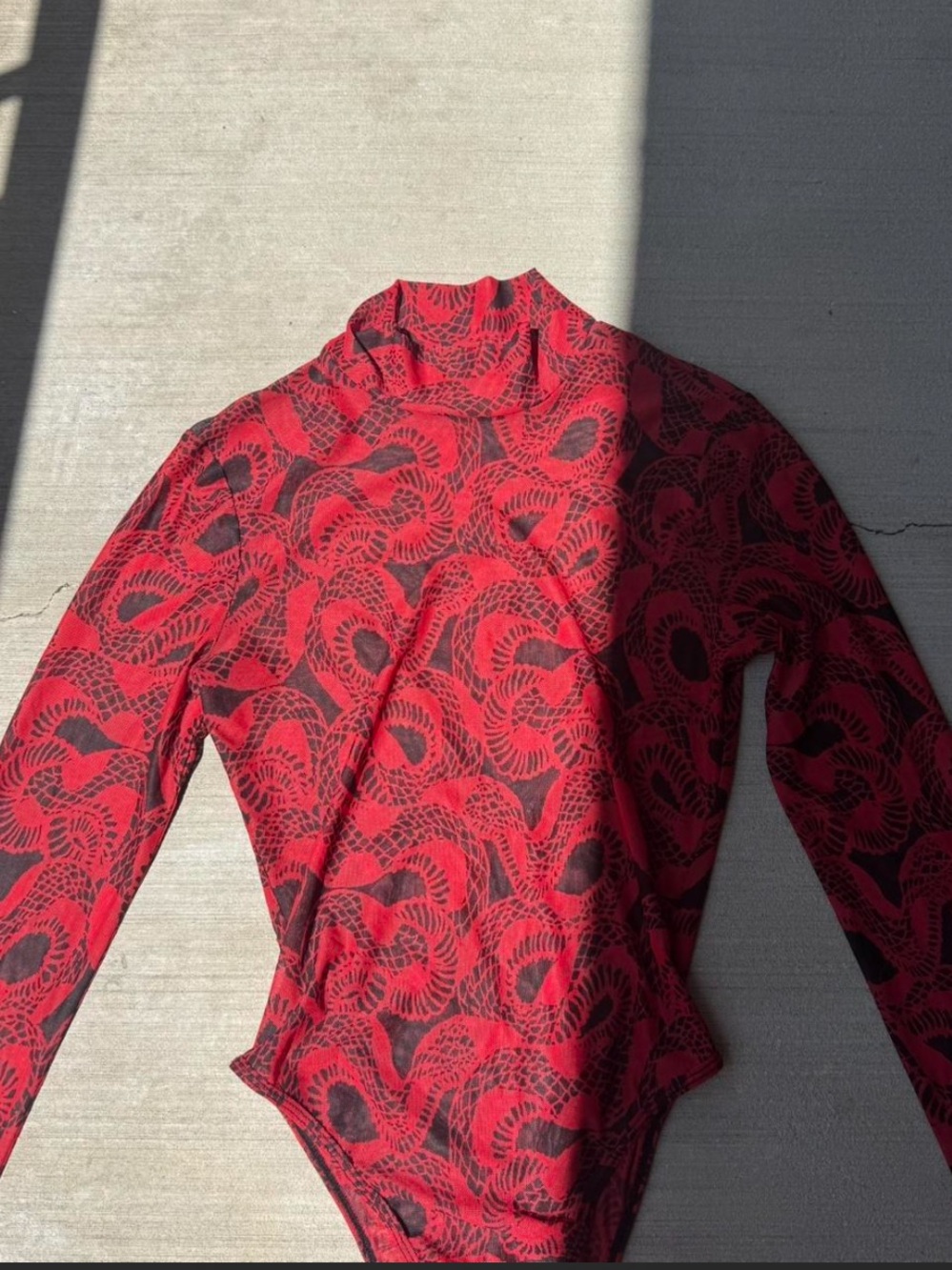 I.AM.GIA Red and Black Patterned Long-Sleeve Mock Neck Bodysuit